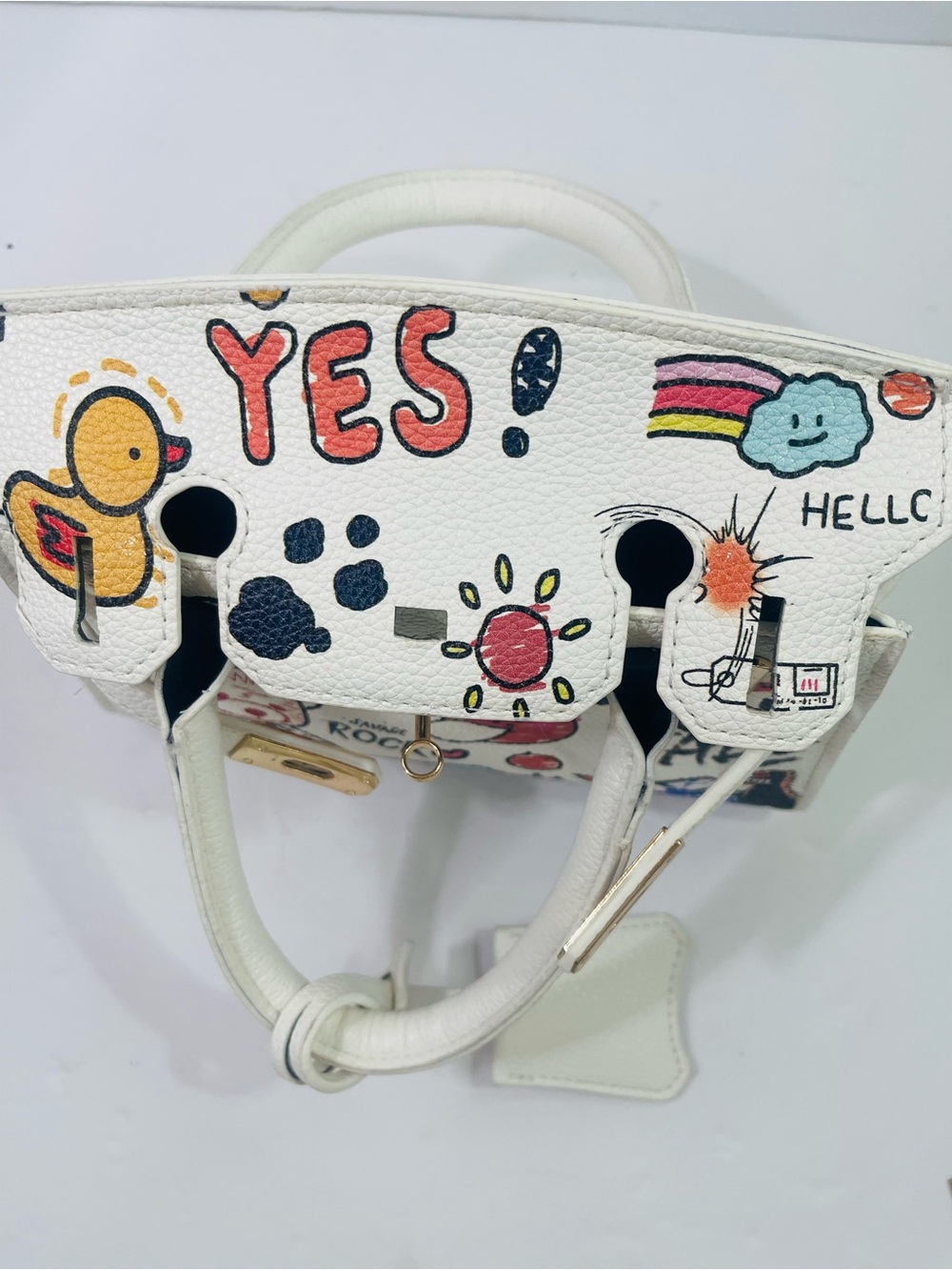 White Graffiti Print Top-Handle Bag - Picture 4 of 16